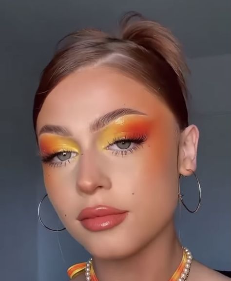 Fire Inspired Eye Makeup, Yellow And Red Makeup Looks, Red Orange Yellow Makeup Looks, Red Orange Eyeshadow, Yellow And Blue Makeup Looks, Orange Rave Makeup, Orange Fruit Makeup, Yellow Orange Eye Makeup, Makeup For Orange Hair