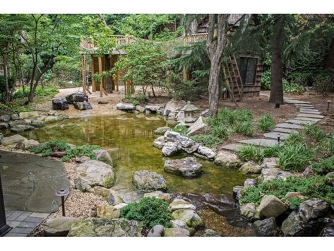 Natural Playscapes: Pond and Playground Oasis That Will Grow with the Kids-0 Pond With Island, Outdoor Playscapes, Natural Playscapes, Natural Swimming Ponds, Backyard Pond, Swimming Pond, Natural Pond, Natural Playground, Backyard Playground