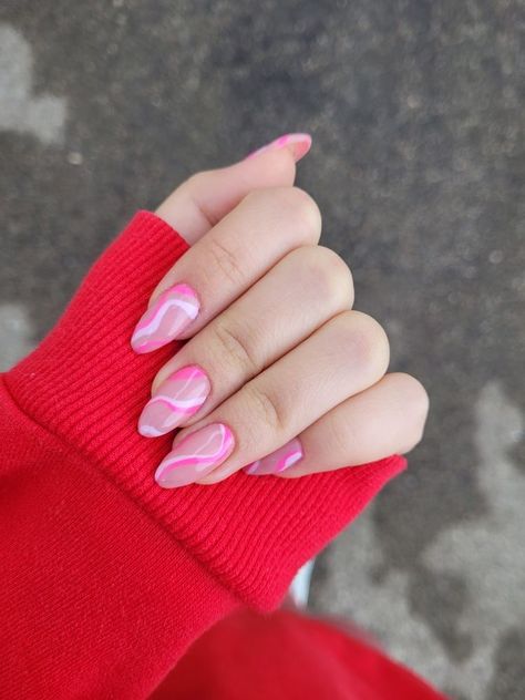 Pink And White Swirl Almond Nails, White Pink Swirl Nails, Wavy Pink Nails, Pink Nail Swirl Designs, Pink And White Wavy Nails, Hot Pink Wave Nails, Pink Line Art Nails, Pink Almond Nails With Swirls, Summer Nails Swirls Pink