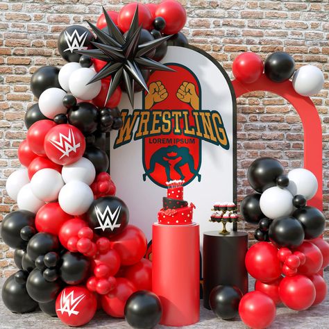 PRICES MAY VARY. 🎁HIGH QUALITY BALLOON - Racing/Wrestlinss party balloon arch kit is made of good latex balloon, non-toxic and harmless, strong and durable, supports helium or air. You don't have to worry about tearing or bursting after inflation. Foil balloon with self-styled mouth, sturdy and reusable 🎁WIDE APPLICATION: This red and black white balloon garland kit is suitable for many party events, such as wrestlinss or Racing themed birthday party graduation party, baby shower, 1st birthday Wwe Balloon Arch, Wwe Decorations, Wwe Birthday Party Ideas, Black Balloon Arch, Deadpool Party, Party Balloon Garland, Wrestling Party, Wwe Birthday Party, Wwe Party