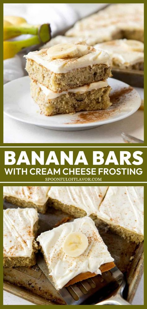 Looking for the best summer dessert? These rich and moist Banana Bars with Cream Cheese Frosting are an indulgent way to use up your overripe bananas! These dessert bars also make a great labor day party food idea! Two Overripe Banana Recipes, Banana Bread Brownies With Cream Cheese Frosting, Banana Sweets Recipes, Banana Bars Cream Cheese Frosting, Sheet Pan Banana Bars, Banana Blondies Cream Cheese Frosting, Banana Deserts Easy, Recipes With Rotten Bananas, Small Banana Recipes