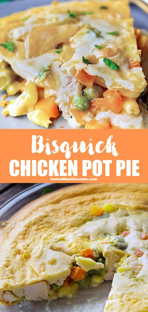 With its flaky golden crust, hot creamy insides, and tender bites of chicken, Bisquick Chicken Pot Pie will bring a smile to every face at the table. #BisquickChickenPotPie #ChickenPotPie #PotPie #ChickenPie #Bisquick #ChickenRecipes #dinnerrecipes #comfortfood #biscuitpotpie #30minutemeal #easyrecipe #familydinner Bisquick Pot Pie Recipe, Bisquick Chicken Recipes, Recipe With Bisquick, Bisquick Recipes Dinner, Bisquick Chicken Pot Pie, Pot Pie Recipe Easy, Bisquick Chicken, Easy Chicken Pot Pie Recipe, Chicken Pot Pie Casserole