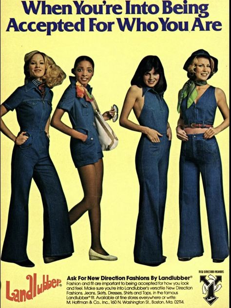 ' Landlubber ' the It Factor Denim late '60s ~ '70s. 70s Denim Fashion, Retro Outfits 80s Style, Late 60s Fashion, Carnaval Outfit, Denim Shirt Outfit, Fashion Through The Decades, Flare Jeans Outfit, Denim Retro, Dumping Ground