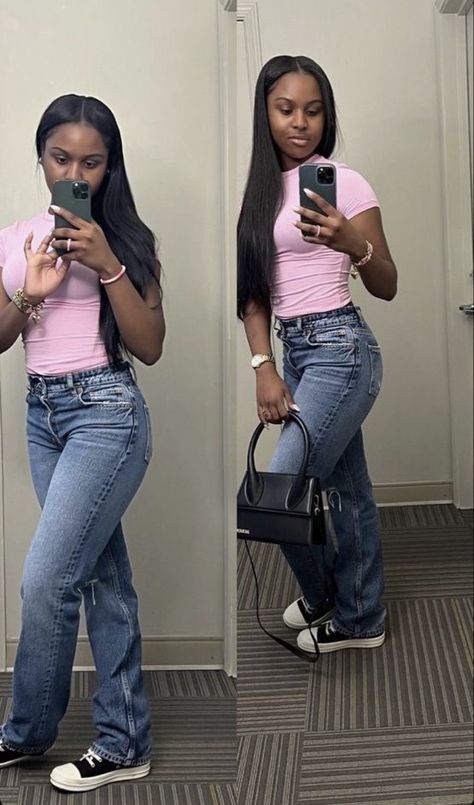 Sza Concert Outfit Black Women, Fits To Wear To A Fashion Show, Jeans Outfit Black Women School, Black Halter Top Outfit Jeans, Blavk Girl Outfits Ideas, Black Girls Outfits Teenage, Chill Jean Outfits, Back To School Outfits Black Women College, Orange Top Outfit Black Women