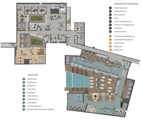 Quellenhof Luxury Resort Lazise | Overview wellness & spa - Wellness & Spa Sauna Hotel Spa Design, Resort Spa Plan Layout, Spa Resort Architecture, Wellness And Spa Design, Wellness Center Architecture Concept, Wellness Center Architecture Plan, Wellness Resort Design, Spa And Wellness Center Floor Plan, Spa Building Design