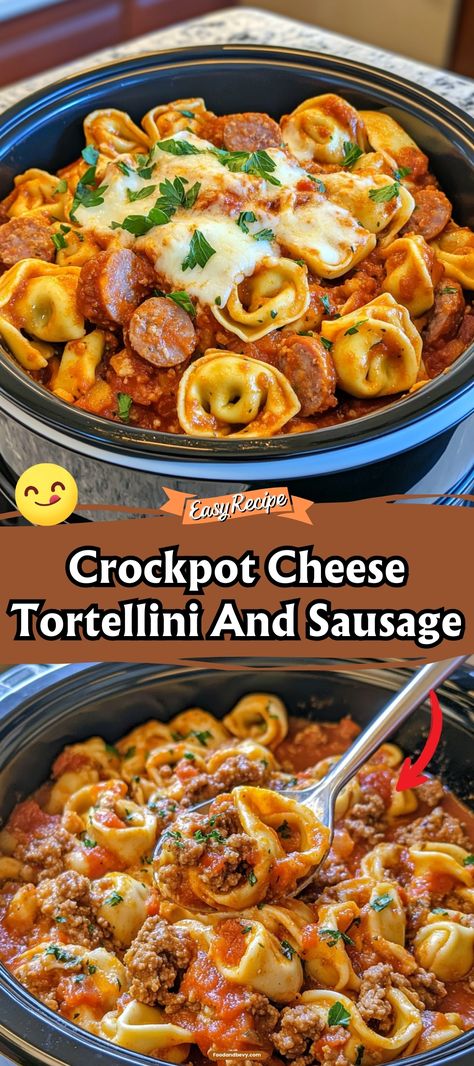 Experience the ease and flavor of Crockpot Cheese Tortellini and Sausage, combining soft cheese-filled tortellini and savory sausage in a rich tomato sauce. Let your slow cooker do the work and come home to a meal that feels like you’ve been cooking all day. It’s the perfect solution for busy weekdays without sacrificing taste. #CrockpotCooking #TortelliniRecipe #EasyDinners Crockpot Cheese Tortellini And Sausage, Tortellini And Sausage Recipes Crock Pot, Italian Sausage In Crock Pot Slow Cooker, Crockpot Baked Ziti With Sausage, Italian Sausage Slow Cooker Recipes, Sausage Tortellini Crockpot, Pasta Slow Cooker Recipes, Hearty Crockpot Meals, Crockpot Sausage Recipes