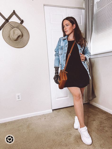 Add a denim jacket and sneakers with this adaptive tshirt dress and crossbody purse. Casual summer outfit. #casual #summeroutfit #outfitinspo #adaptive #adaptiveclothes #tshirtdress #denimjacket Follow my shop @rebekahmarine on the @shop.LTK app to shop this post and get my exclusive app-only content! #liketkit #LTKstyletip @shop.ltk https://liketk.it/3DwBy Long Denim Jacket Outfit, Dress With Jacket Outfit, Dress And Jean Jacket, Tshirt Dress Outfit, Dress And Sneakers Outfit, Purse Casual, Long Denim Jacket, Wardrobe Fashion, Denim Jacket Outfit