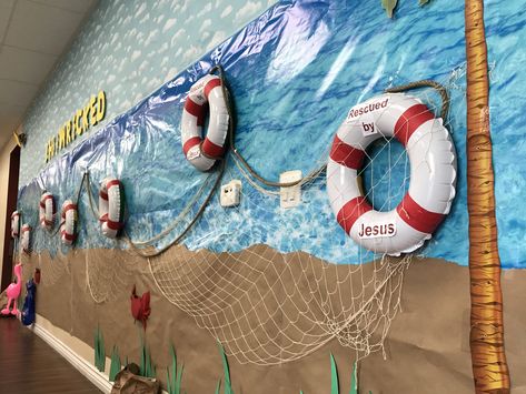 Cruise Theme Parties, Vbs Ocean Theme, Nautical Classroom Theme, Ocean Vbs, Vacation Bible School Craft, Mystery Island, Nautical Classroom, Lifeway Vbs, Beach Decorations