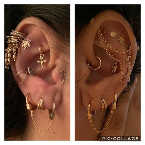 Maria Tash Spike Earrings, Ear Curation Themes, Ear Piercings Placement Chart Baddie, Ear Piercings Flat, Hippie Piercings, Triple Flat Piercing, Ear Scape, Ear Piercing Inspiration, Constellation Piercings