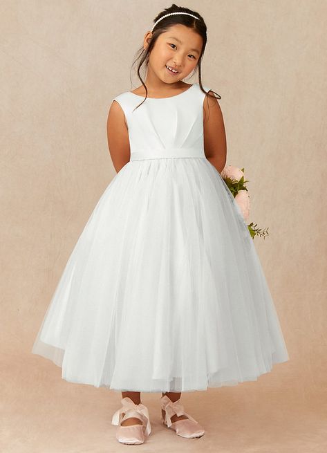 Bee is the perfect classy and cute ankle length dress for your flower girl. Her pleated satin bodice features a V-back and a simple belt. She also features a fluffy tulle skirt to make her feel like a princess. Petal Flower Girl Dress, Pleated Tulle Dress, Flower Girl Dresses Vintage, Simple Belt, White Dress Top, Bridal Party Attire, Bee Flower, Pink Ball Gown, White Ball Gowns