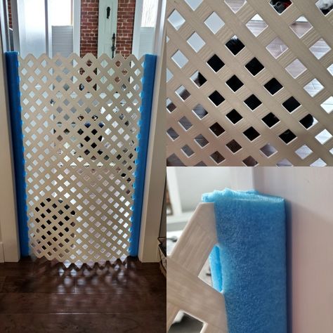 DIY cat dog pet baby gate PVC lattice cut to 1/4" less than frame 2 pool noodles Diy Cat Barrier Indoor, Cat Gates Indoor Diy, Diy Cat Gate, Diy Cat Gates Indoor, Cat Organization, Natural Fences, Tall Pet Gate, Dog House Heater, Diy Dog Gate