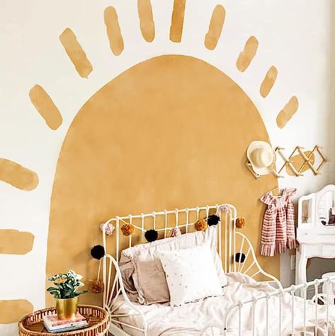 Painted Sun In Nursery, Sun Accent Wall Nursery, Half Sun Nursery Wall, Nursery Colorful, Nursery Wall Painting, Half Sun, Kids Room Murals, Pastel Nursery, Kids Room Paint