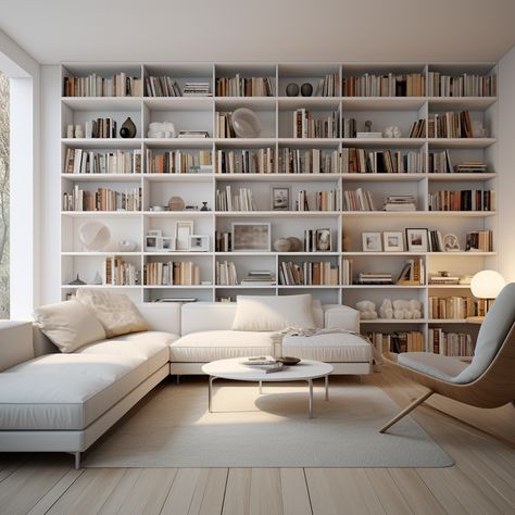 #aesthetic#design#library Living Room Library Ideas Modern, Library Room Aesthetic Modern, Minimalist Library Design, Built In With Seating, Organic Modern Home Library, Home Library Aesthetic Modern, Neutral Home Library, White Bookshelves Living Room, Library In Home Aesthetic