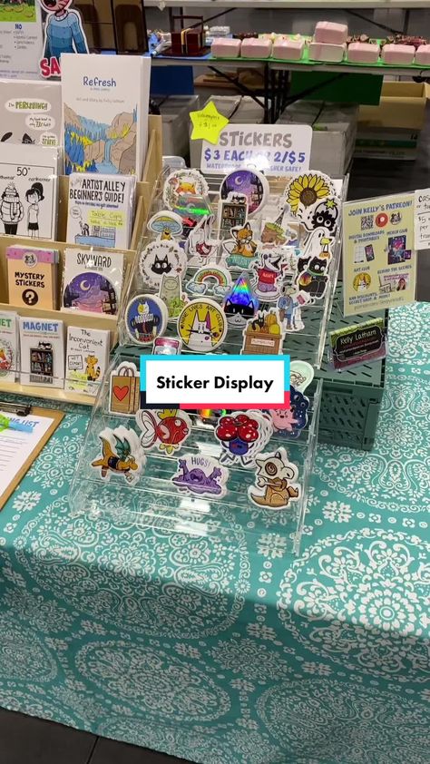 Cute Sticker Display, Display Stickers For Sale, Craft Booth Sticker Display, Acrylic Sticker Display, Stickers Display Booth, Vendor Sticker Display Ideas, Sticker Display Ideas Retail Diy, Ways To Display Stickers For Sale, Sticker Holder Display