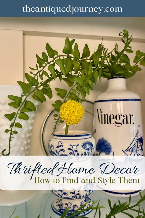 vintage blue and white jars styled in a hutch Thrift And Style Home Decor, Thrift Decor Ideas Living Rooms, Thrifted And Styled Decor, Thrifted Home Decor Living Room, Styling Thrifted Decor, Thrifted Vs Styled Home Decor, Thrifted Vs Styled Decor, Thrifted Decor Ideas, Goodwill Finds Thrifting Home Decor