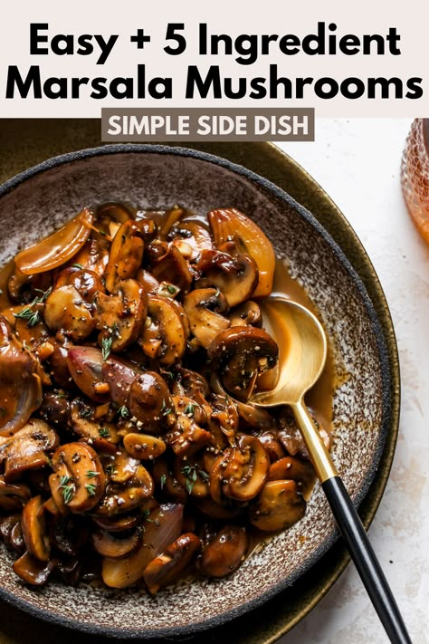 Easy Marsala Mushrooms will add a layer of decadence to any dinner spread. Minimal ingredients with BIG flavor, these mushrooms in marsala sauce can be enjoyed over meat, or served as a simple side dish. #dinnerrecipes #thanksgivingsides #vegetablesidedish #mushroomrecipes Mushroom Marsala, Marsala Mushrooms, Dinner Hosting, Dishing Out Health, Dinner Spread, Marsala Sauce, Thanksgiving Food Sides, Mushroom Dish, Recipes Vegetables