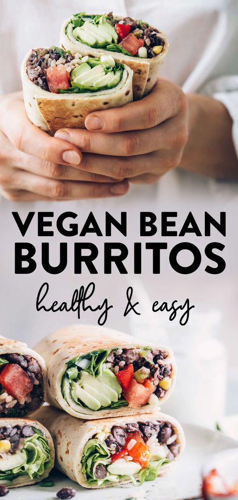 These healthy vegan bean burritos are the perfect quick homemade plant-based lunch or dinner! Using black beans, rice, avocado, veggies and tortilla wrap for this tasty vegan Mexican meal. Great for vegan beginners, for one, two, families or kids – even those who are on a budget. We love this quick & easy vegan high protein recipe not just on meatless Monday. Try it today or add it to your meal plan! Vegan Bean Burrito, Bean Burrito Recipe, Pancakes Low Carb, Vegan Bean, Bean Burrito, Tacos Mexicanos, Bean Burritos, Burrito Recipe, Veggie Burrito