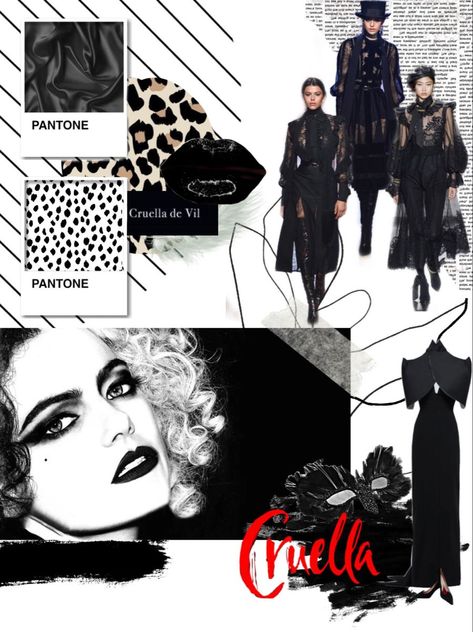 Mood board inspired by the movie Cruella Cruella Fashion Design, Costume Design Mood Board, Mood Boards Aesthetic Fashion Design, Bollywood Mood Board, Mood Board Fashion Portfolio, Cruella Moodboard, Movie Mood Board, Mood Board Fashion Inspiration Ideas, Moodboard Inspiration Mood Boards Ideas