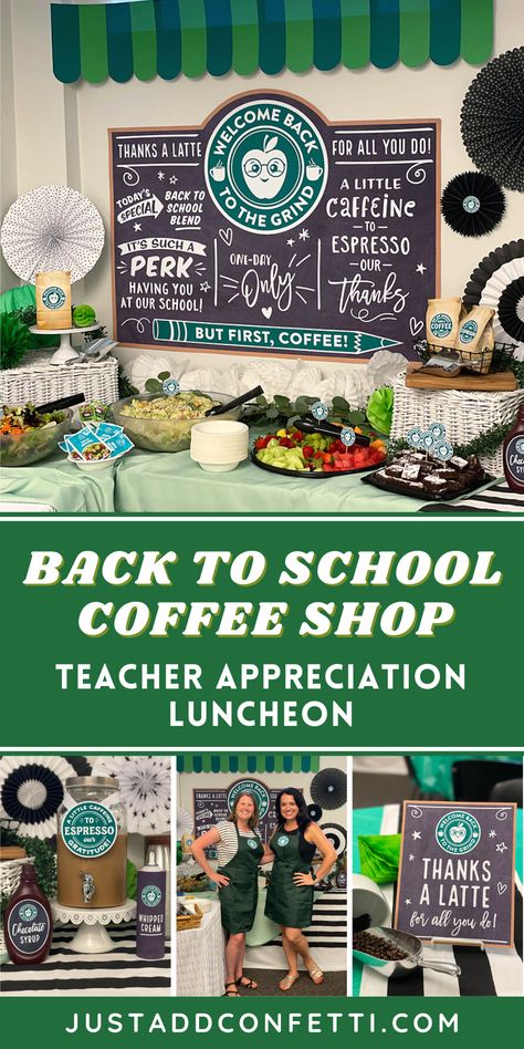 Teachers Appreciation Breakfast Ideas, Teachers Brunch Ideas, Pta Party Ideas, School Coffee Shop Ideas, Welcome Back Luncheon For Teachers, Teacher Welcome Back Gifts From Pto, Coffee Bar Ideas Teacher Appreciation, Coffee Staff Appreciation, Teacher Back To School Breakfast Ideas