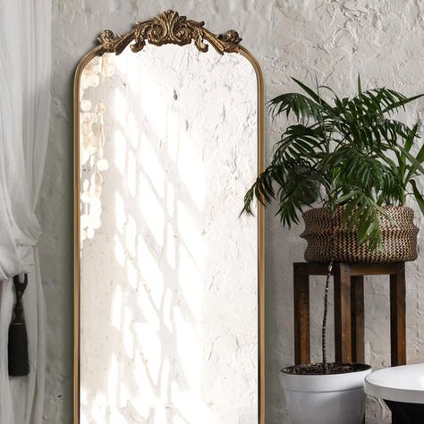 PRICES MAY VARY. Dimenson:Mirror with frame 18"X53" 1-Pack Orante French Country Style: Baroque ornate patterns pair it with vintage gold ,It doesn’t have to be just a tool for reflection，It can also be a stunning work of art in and of itself. Suitable Scene:This arched gold mirror perfectly fits wall decor and artistic display for the living room,,bedroom,bathroom,hallway,entryway,Along a Staircase decor.. High Quality: 4MM thickness HD mirror to achieve high-definition 1:1 imaging. Equipped wi Anthropology Mirror Living Room, Vintage Mirror Wall Decor Bedroom, Tall Gold Mirror In Bedroom, Floor Length Mirror Bedroom, Tall Gold Mirror, Anthropology Mirror, Gold Antique Mirror, Mirror Over Fireplace, Plum Walls