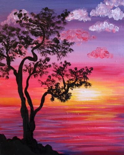 Easy Landscape Paintings, Acrylic Landscape, Easy Canvas Painting, Landscape Paintings Acrylic, Simple Acrylic Paintings, Night Painting, Sunset Painting, Beginner Painting, Painting Class