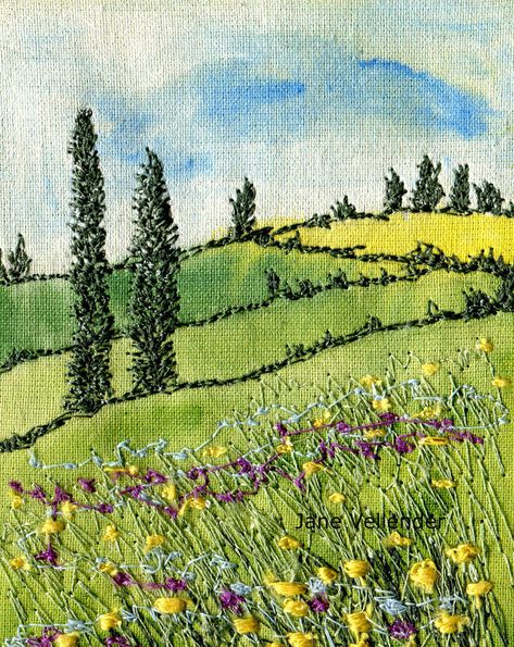 Simpul Makrame, Freehand Machine Embroidery, Landscape Art Quilts, Landscape Quilt, Textile Art Embroidery, Fabric Postcards, Landscape Quilts, Free Motion Embroidery, Fabric Pictures