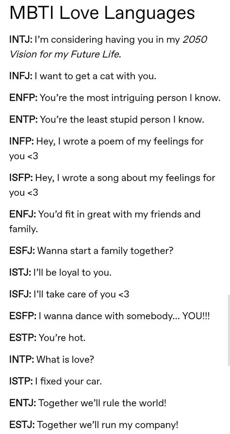 Isfp Love Language, Mbti Relationship Compatibility, Entp Love Language, Mbti Love Language, Mbti Scenarios, Mbti Matches, Mbti In Love, Personality Type Memes, Mbti Personality Funny