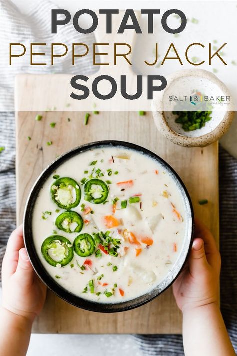 This Potato Pepper Jack Soup is inspired by the famous pepper jack cheese that so many of us love! #saltandbaker #soup #souprecipe via @saltandbaker Burgers Vegetarian, Irish Potato Soup, Soup Potato, Cooking Japanese, Vegetarian Soups, Cheesy Potato Soup, Recipes Fruit, Vegetarian Barbecue, Cheesy Potato