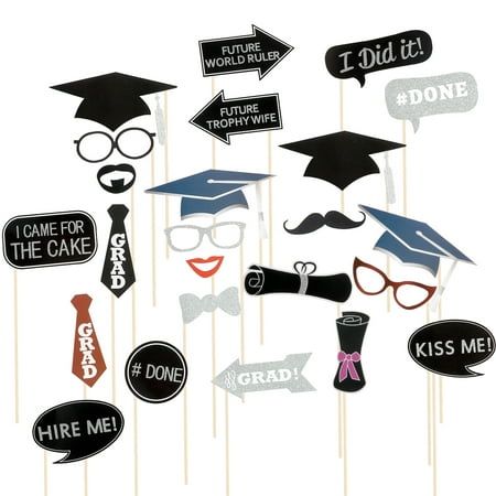 Description Tell everyone you are celebrating your graduate with a fun Class of 2017 photo prop kit. This silver powder graduation photo kit includes 24 fun props which are perfect selfies and group shots during your party or open house. Share them immediately on your social sites and be sure to keep printed photos of your celebration to look back at long after the party is over. Features - Color: Showed in the pictures. - Material: Paper. - One size fits all. - Especially designed for 2017 graduation parties. - Perfect for gatherings of friends and family and are the best accessory for your graduation party. This set of grad party props will make all of your photos memorable! - The photo props includes, lips, glasses, bow ties, beard, hoods, talk bubbles and themed props that will really Photobooth Props Ideas, Party Booth, Graduation Photo Props, Graduation Photo Booth Props, Graduation Photo Booth, Photo Posing, Graduation Party Favors, Celebration Ideas, Graduation Photo