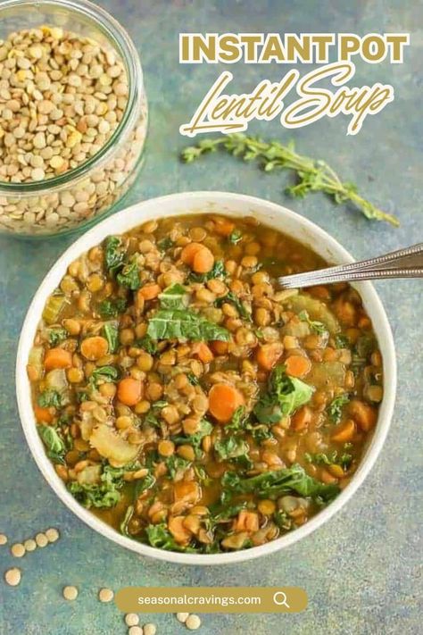 A hearty and delicious meal, this Instant Pot Lentil Soup is simple enough to serve on busy weeknights and fancy enough for a tasty weekend dinner. This healthy, filling, warming, and delicious comfort food comes together quickly in your pressure cooker. Sausage Lentil Soup Instant Pot, Green Lentil Recipes Instant Pot, Green Lentil Soup Instant Pot, Instant Pot Rice And Veggies, Instapot Lentil Recipes, Pressure Cooker Lentil Soup, Instant Pot Healthy Meals, Healthy Pressure Cooker Meals, Instapot Lentil Soup