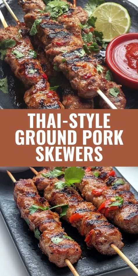 These Thai-Style Ground Pork Skewers are a fantastic option for an easy, flavorful meal that comes together in no time! 🍢🔥 Marinated with bold Thai spices and grilled to perfection, these skewers are perfect for barbecues, weeknight dinners, or as a fun appetizer. Serve with a tangy dipping sauce for even more flavor! 📌 Pin this recipe to make quick and delicious Thai pork skewers for your next meal! #ThaiPorkSkewers #GrilledRecipes #EasyDinners #FlavorfulMeals #BBQIdeas #ThaiFood Bbq Pork Skewers, Thai Pork, Pork Skewers, Thai Spices, Wooden Skewers, Skewers Grill, Bbq Pork, Lime Zest, Thai Style