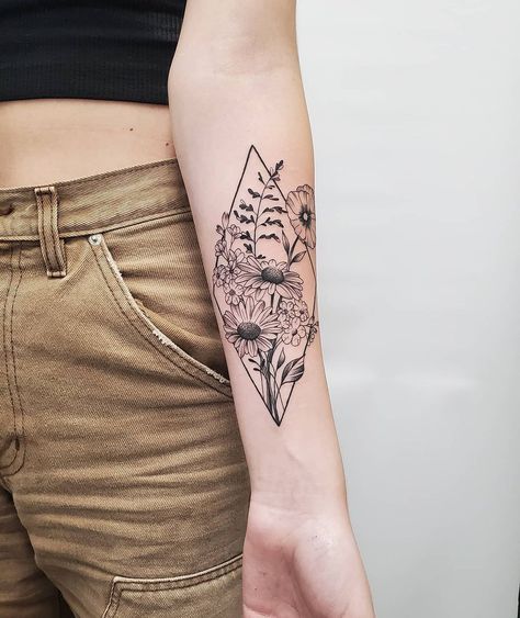 Heather 💜 on Instagram: “Some geometric and floral for Jordyn! 🌹♦️ Thank you for looking! #tattoo #tattoos #blackandgrey #flowers #flowertattoo #floral…” Collage Sleeve Tattoo Women, Diamond Geometric Tattoo, Diamond Floral Tattoo, Floral Diamond Tattoo, Geometric Forearm Tattoo Women, Geometric Wildflower Tattoo, Geometric Tattoo With Flowers, Geometrical Flower Tattoo, Geometric Botanical Tattoo