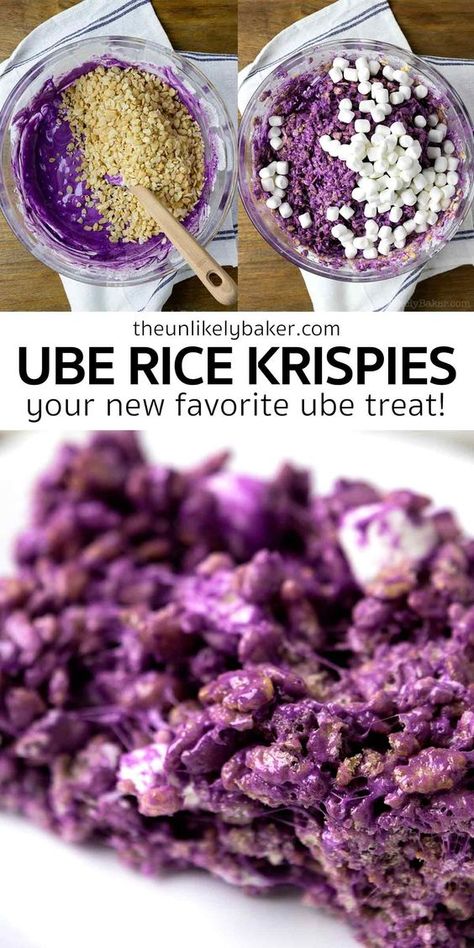 Purple Rice Crispy Treats, Ube Marshmallows, Purple Food Recipes, Ube Rice Crispy Treats, Purple Snacks For Color Party, Ube Powder Recipes, Purple Food Ideas Snacks, Purple Snacks For Party, Easy Filipino Desserts