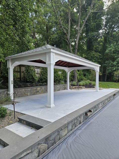 Your pool has been waiting for a Pavilion like this! Adding a pavilion to your backyard or pool area adds much needed shade during those hot summer days. The perfect place to relax, enjoy lunch, and conversate before getting right back in the pool! #party #sun #summer #followus #follow #fyp #outdoorliving #pavilion #gazebo #backyard #unwind #relax #outdoor #foryoupage #partyideas #celebrate #celebratelife #moon Poolside Pavilion Ideas, Backyard Gazebo Outdoor Pavilion, Pool Gazebo Ideas, Gazebo Backyard, Pool Gazebo, Backyard Structures, Pool Pavilion, Outdoor Pavilion, Backyard Gazebo