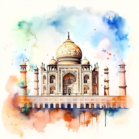 Tourism India Painting, Taj Mahal Watercolor Painting, Monuments Painting, Taj Mahal Illustration, Travel Baggage, Architecture Drawing Sketchbooks, India Painting, Dark Green Aesthetic, Architecture Drawing Art