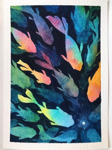 The light and the fishes | Skillshare Student Project Watercolor Negative Painting, Visual Art Lessons, Space Watercolor, Modern Watercolor Art, Fish Artwork, Art Tutorials Watercolor, Space Artwork, Watercolor Fish, Space Painting