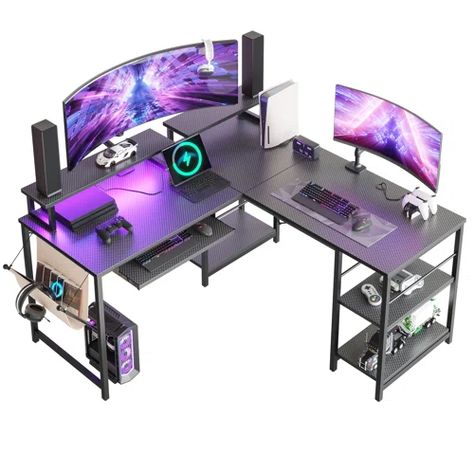 Inbox Zero Lafonya 48'' Desk | Wayfair L Shaped Desk Gaming, L Computer Desk, Computer Shelf, Desk With Shelf, L Shaped Gaming Desk, L Shaped Computer Desk, Computer Desk With Shelves, Desk With Keyboard Tray, L Shaped Corner Desk