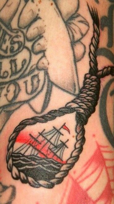 Hanging rope with sinking ship Rope Tattoo, Americana Tattoo, Island Tattoo, Brain Tattoo, Wicked Tattoos, Traditional Tattoo Sleeve, Nautical Tattoo, Facial Tattoos, Ship Tattoo