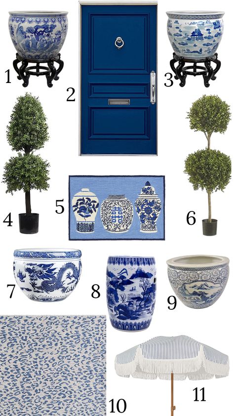 blue-white-outdoor Hampton Interior, Emily Clark, Painted Exterior Doors, Outside Planters, Front Porch Plants, Chinoiserie Planter, Blue And White Decor, White Porch, House Front Porch