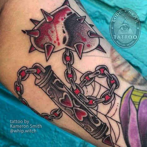 Flail Tattoo Heart, Heart Flail Tattoo, Mace Tattoo Heart, Goth Gap Filler Tattoo, Heart Mace Tattoo, Heart Chain Mace Tattoo, Flail Tattoo Design, Goth Cowboy Tattoo, Goth American Traditional Tattoo