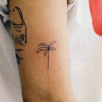 Fine line palm tree tattoo by kalula Line Palm Tree Tattoo, Fine Line Palm Tree, Fine Line Palm Tree Tattoo, Tree Line Tattoo, Tree Tattoo Arm, Tropical Tattoo, Hawaii Tattoos, Palm Tattoos, Gemini Tattoo