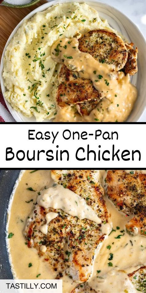 You can make an easy-prep gourmet meal that tastes like it came out of a French restaurant in about 30 minutes. This One-Pan Boursin Chicken recipe is elegant and the sauce can be used over steak or fish too. Creamy Boursin cheese is the heart of this dish! Boursin Chicken, Boursin Cheese Recipes, Boursin Cheese, French Restaurant, Chicken Dishes Recipes, The Sauce, Poultry Recipes, Chicken Dinner Recipes, Chicken Breast Recipes