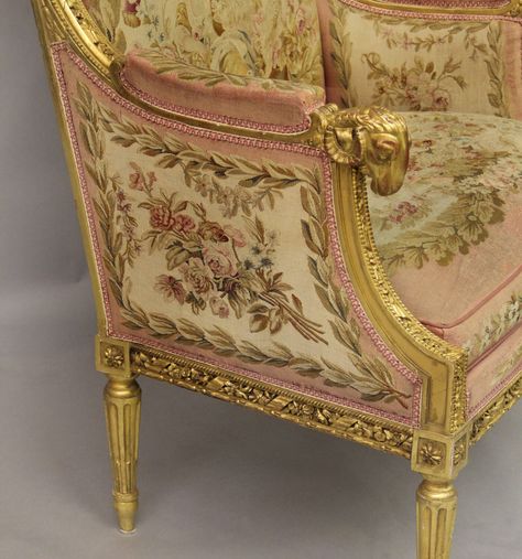 An Impressive Late 19th Century Louis XVI Style Giltwood and Aubusson Tapestry Bergere - Charles Cheriff Galleries Aubusson Tapestry, Louis Xvi Furniture, French Arm Chair, French Louis Xvi Style, Antique French Furniture, Bergere Chair, Floral Frame, Louis Xvi Style, French Furniture