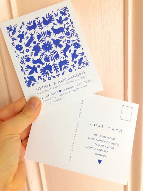 Love these Miami Save The Date, Wedding Invite Postcard, Graphic Save The Date, Wedding Pattern Design, Blue And White Save The Date, Post Card Save The Dates, Postcard Back Design, Postcard Design Ideas Creative, Creative Stationery Design