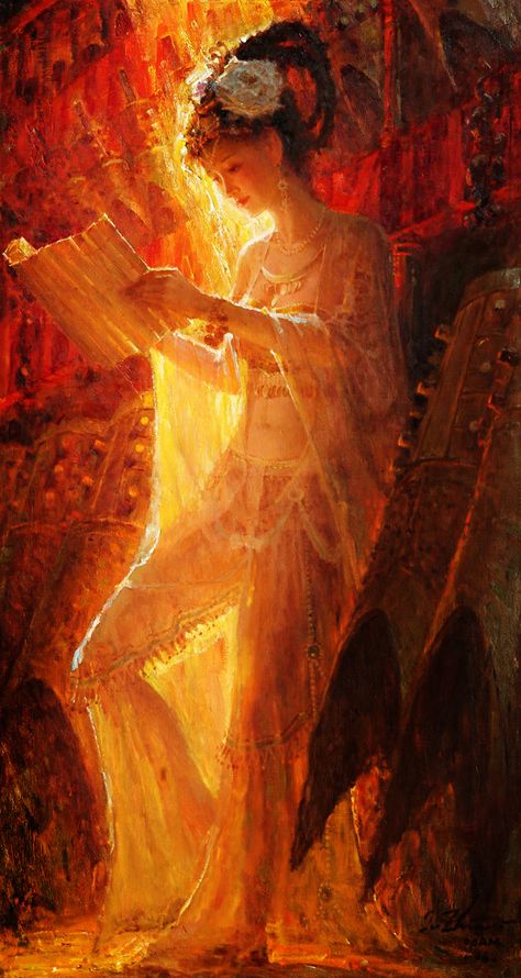 zhiwei tu Reading Music, Chinese Painting, Red And Yellow, Painting Illustration, Chinese Art, Asian Art, Figurative, Female Art, Beautiful Art