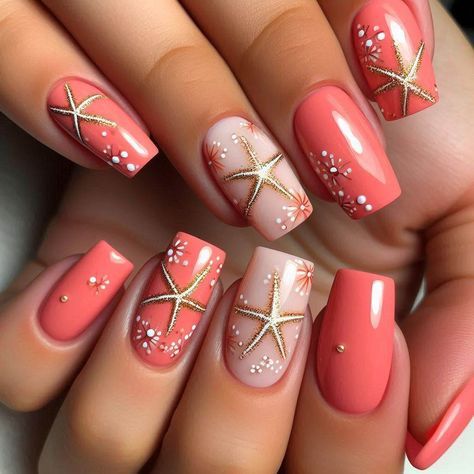 Coral Nail Ideas Art Designs, Coral Nail Art Designs, Coral And Gold Nails Design, Coral And Gold Nails, Nails Cruise, Cancun Nails, Coral Nail Designs, Starfish Nail Art, Coral Nail Art