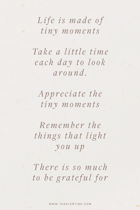 quote: "life is made of tiny moments. take a little time each day to look around. appreciate the tiny moments. remember the things that light you up. there is so much to be grateful for" Grateful Thankful Blessed Quotes, Grateful Quotes Gratitude, Gratitude Quotes Thankful, Make Life Beautiful, Grateful Quotes, Feeling Blessed Quotes, Stop And Smell The Roses, Thankful Quotes, Appreciate Life Quotes