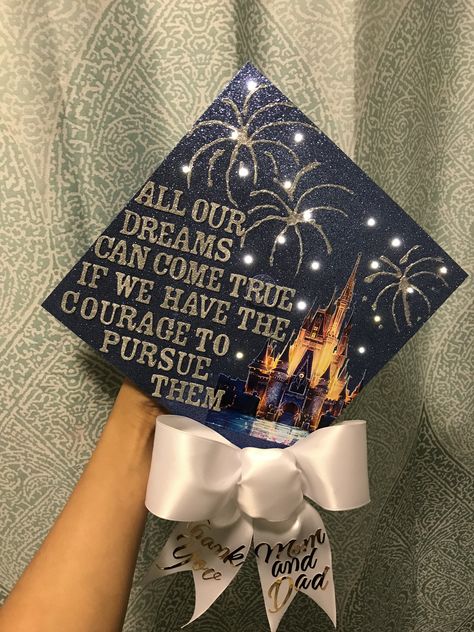 This Disney cap with lights is just took me about 3 hours! #disneygraduationcap #disneygradcap #gradcapwithlights #litupgraduationcap #graduationcap #decoratedgraduationcap #allourdreamscancometrue #gradcapwithbow # Light Up Graduation Cap, Graduation Cap Designs Disney Princess, Cap Decorating Ideas, Disney Grad Caps, Disney Graduation Cap, Teacher Graduation Cap, Graduation Cap Ideas, Disney Graduation, College Grad Cap Ideas