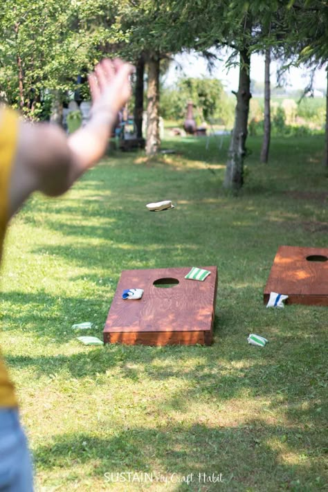 DIY Cornhole Game Board #canvas #diy #games #outdoor #wood #wood-stain #woodworking#arts-and-crafts-ideas #sustainmycrafthabit Yard Games For Adults Diy, Corn Hole Aesthetic, Fall Backyard Party Games, Backyard Camping Activities, Outdoor Game Night, Cornhole Photoshoot, Lawn Games Aesthetic, Wedding Games Diy, Outdoor Games Party