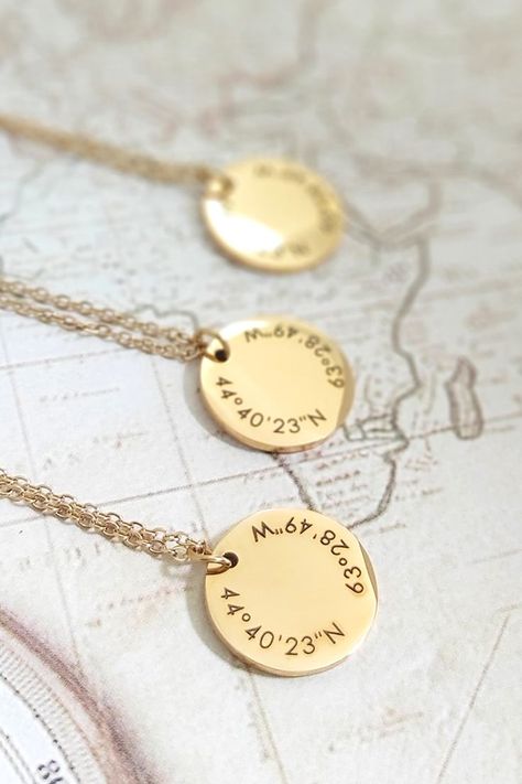 Custom engraved disc necklace with coordinates. This minimalistic pendant can be engraved with your custom coordinates on the front and short messages, names or symbols on the back, it makes a great gift for anniversaries and birthdays, also a great idea for long distance relationships and as going away gift. Long Distance Relationships, Coordinates Gift, Distance Relationships, Latitude Longitude, Short Messages, Disc Necklace, Long Distance Relationship, Name Necklace, Long Distance